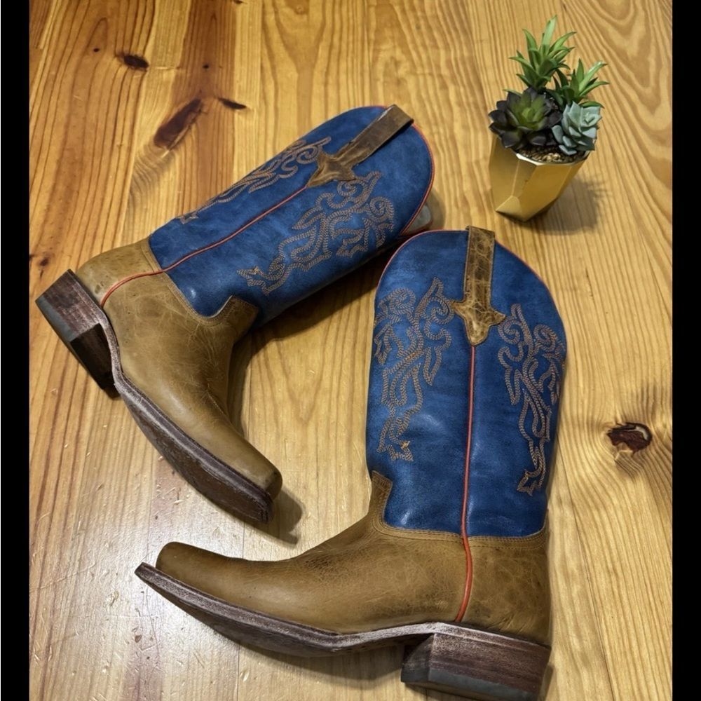 JB Dillon Reserve Men's 9.5 B Leather Cowboy Western Boots Blue Brown Square Toe